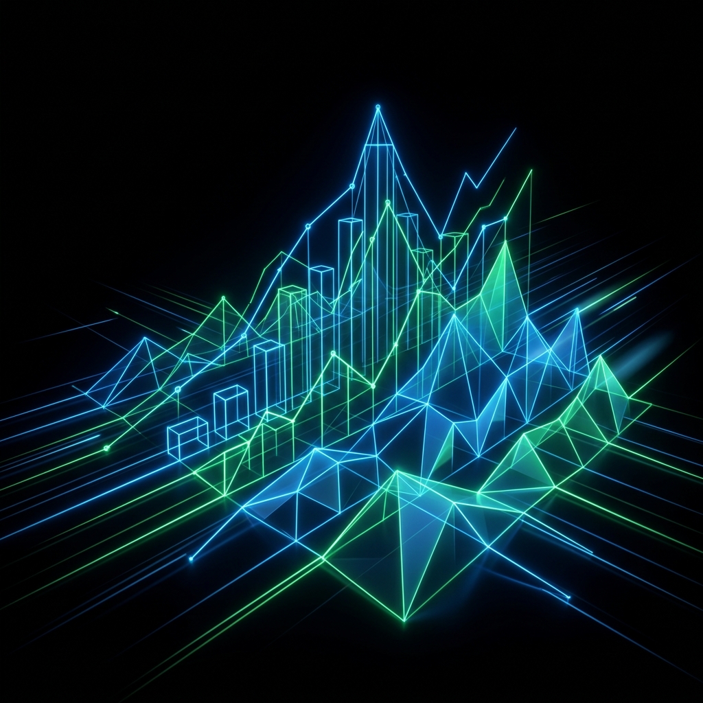 Glowing valuation metrics converging upward in dark space