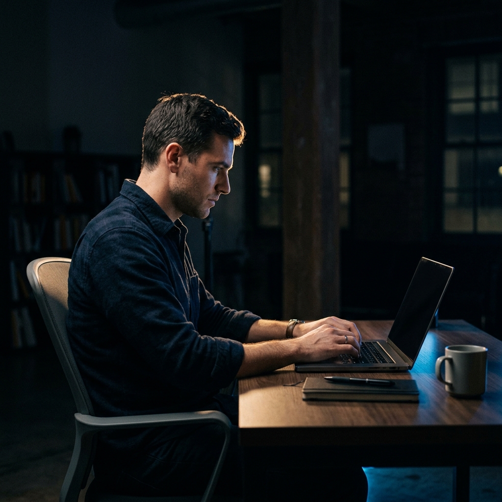 Founder focused at laptop with dramatic side lighting