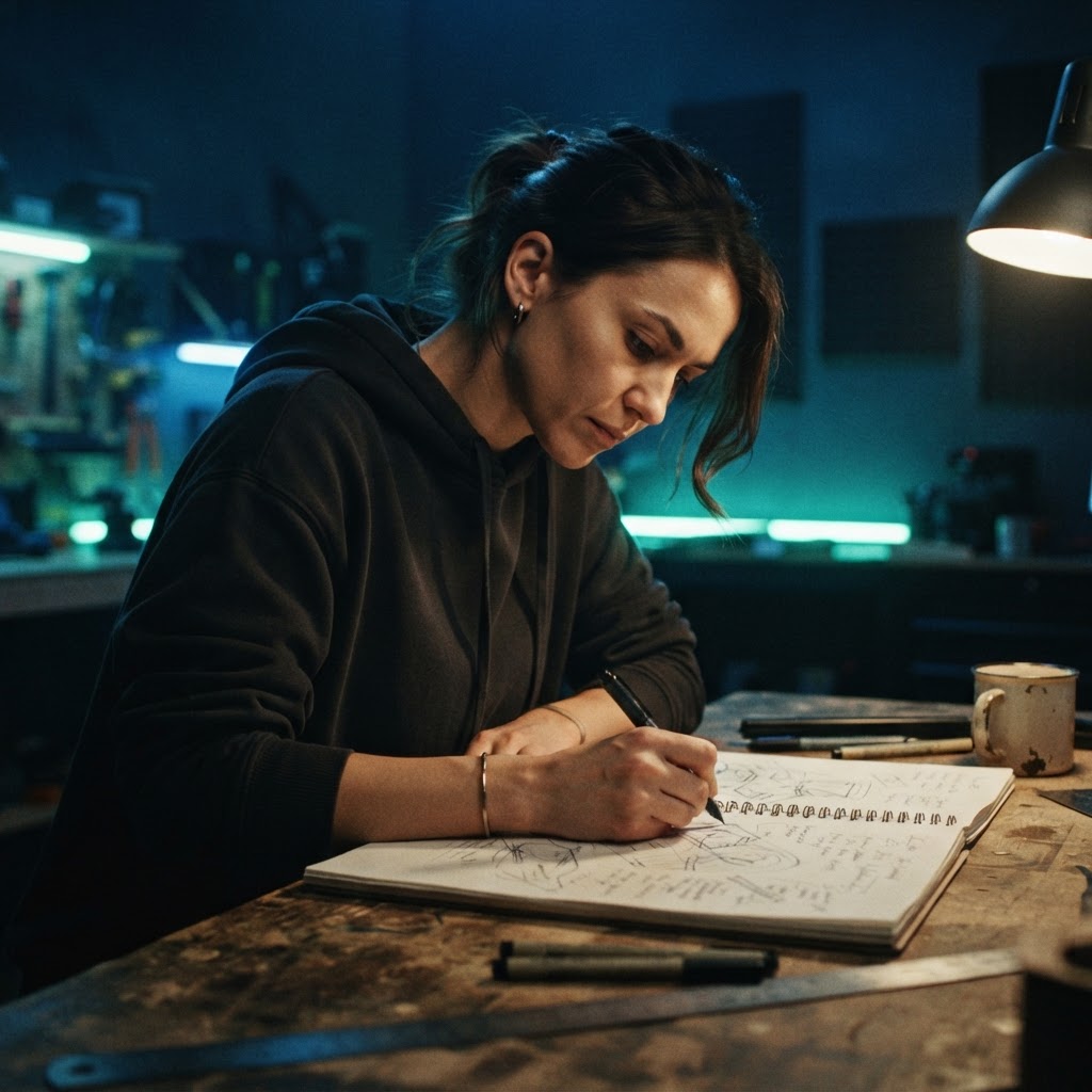 Founder sketching product designs in a dark studio