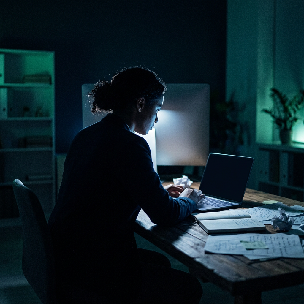 Founder working intensely at laptop in dramatic side lighting
