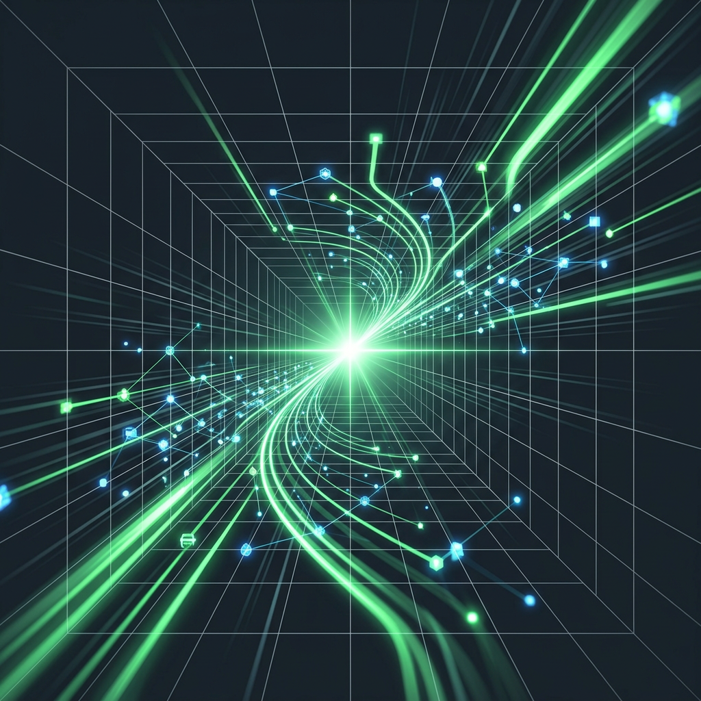 Glowing data nodes converging toward central focus point
