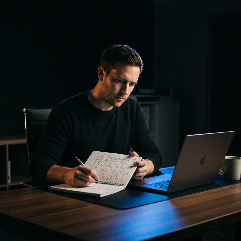 Founder working late night with validation notes