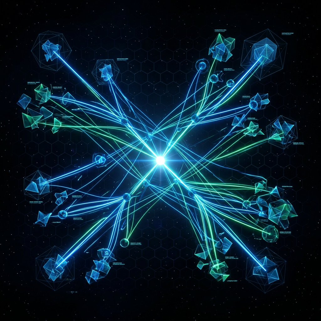 Glowing validation pathways converging in dark space