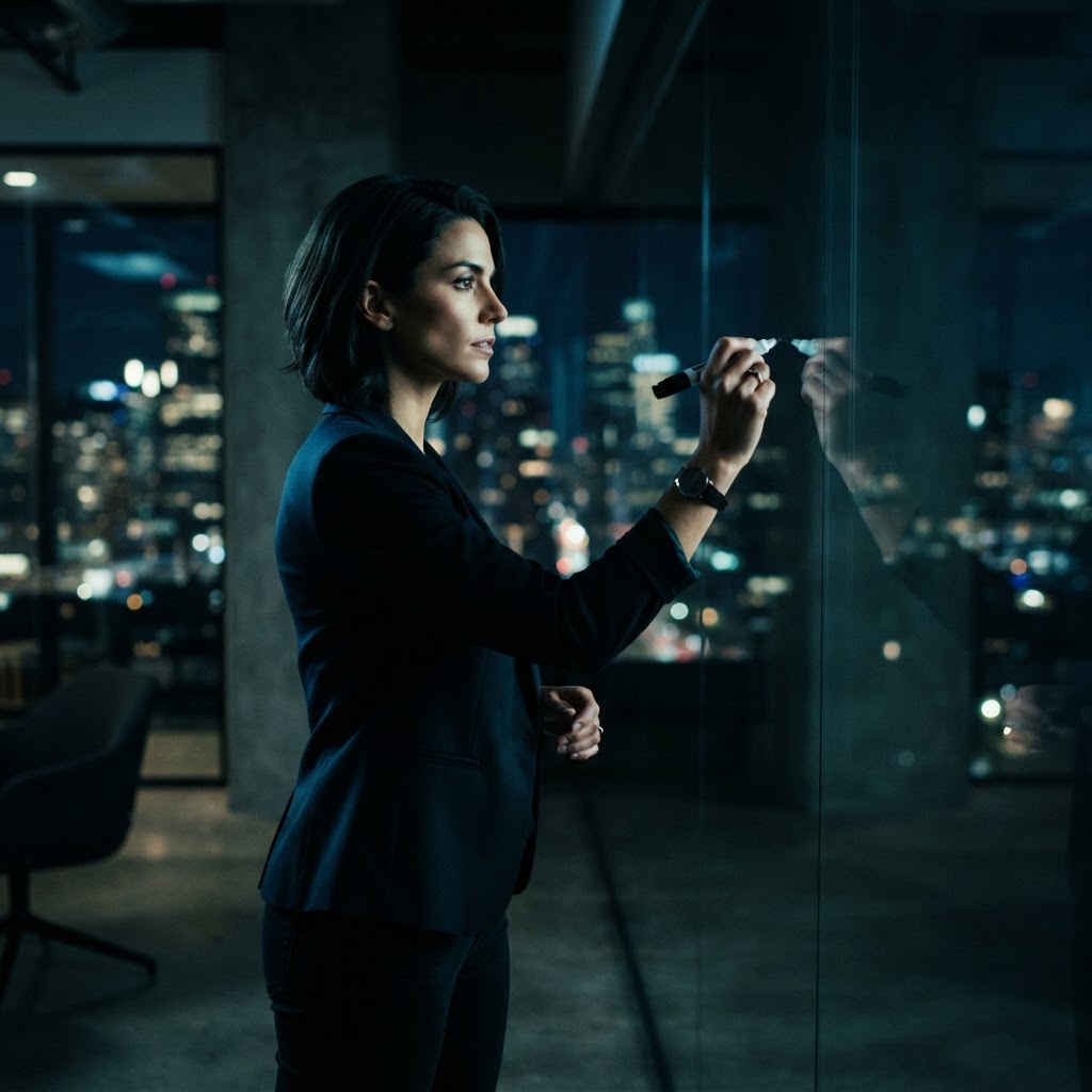 A founder strategizing in a modern dark office