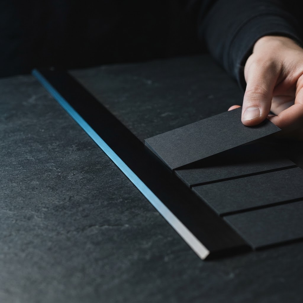 Precision arrangement of dark cards and metal ruler