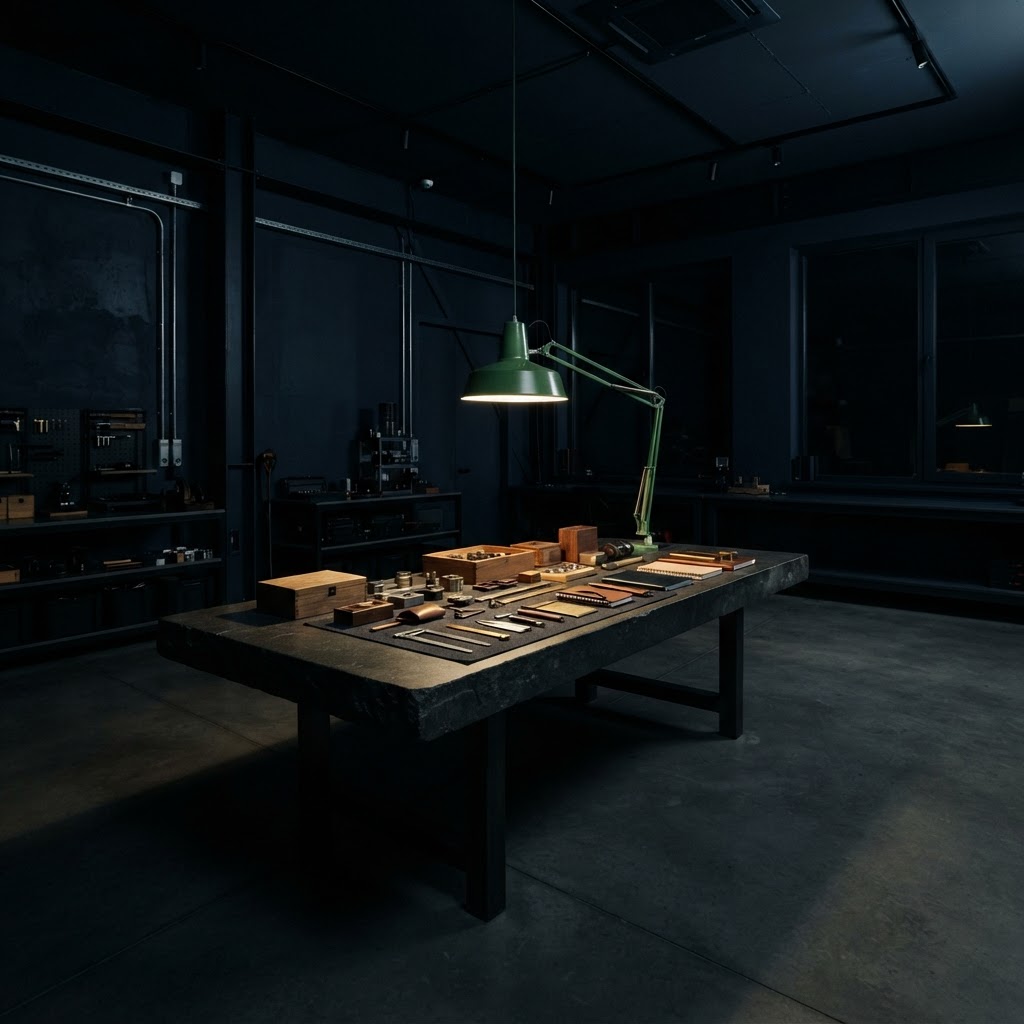 Empty dark minimalist workspace with architectural lighting