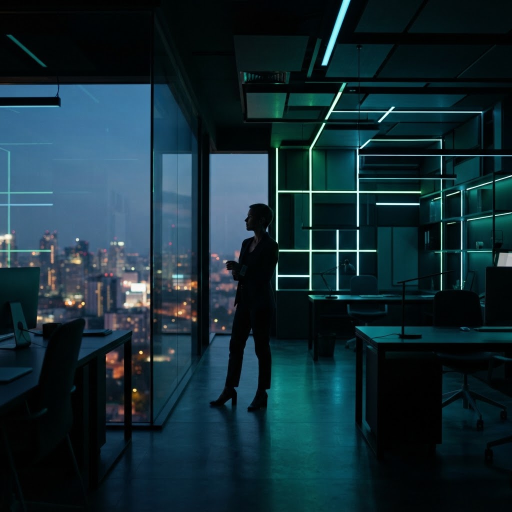 Founder in a dark modern office
