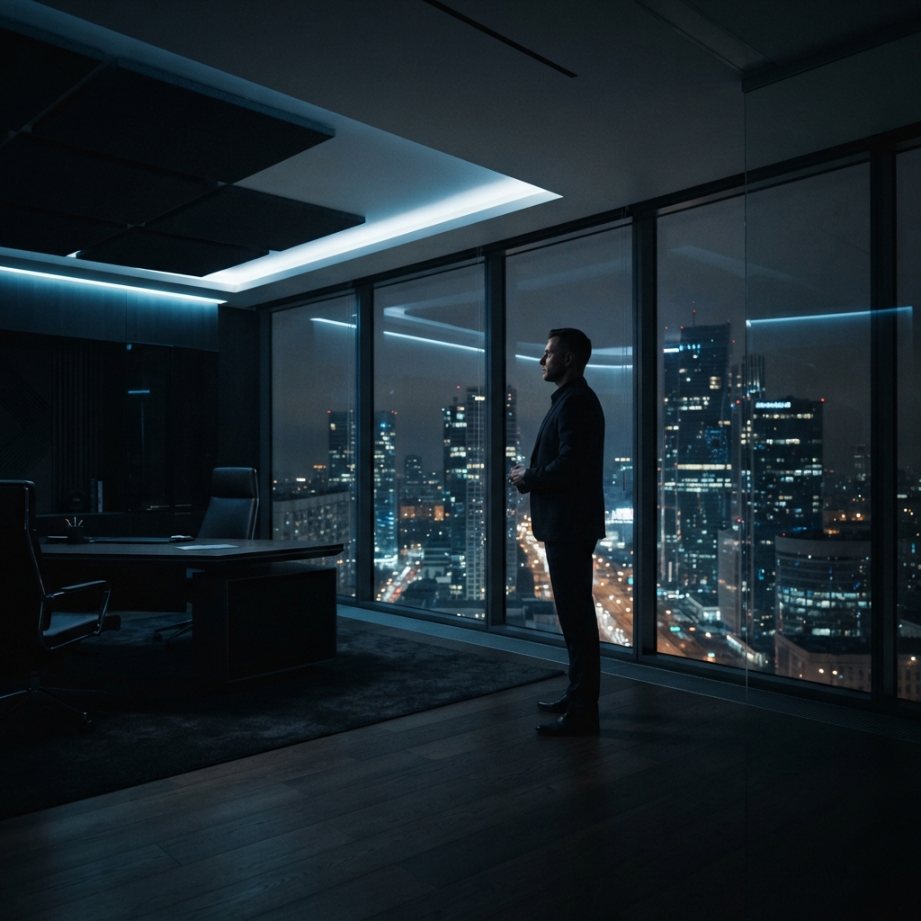 Founder reflecting in a dark office at night