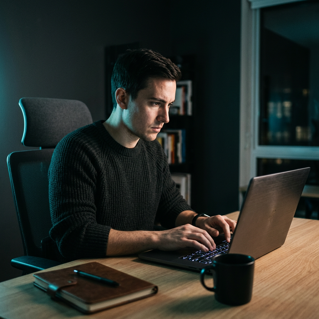 Focused founder working at laptop with dramatic blue side lighting