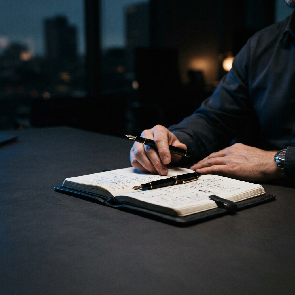 Founder hands and notebook in a dark high performance office