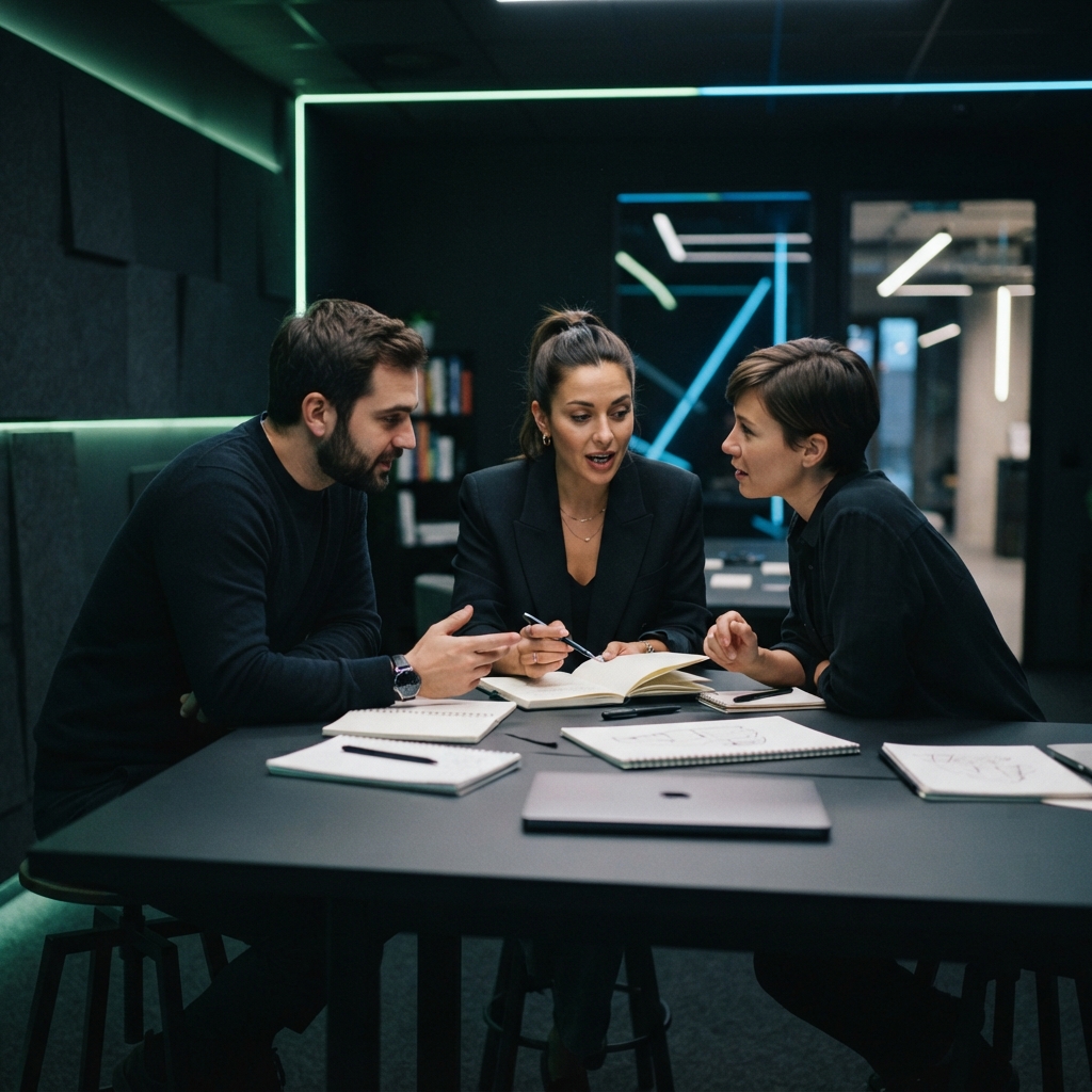 A startup team collaborating in a modern neon-lit studio