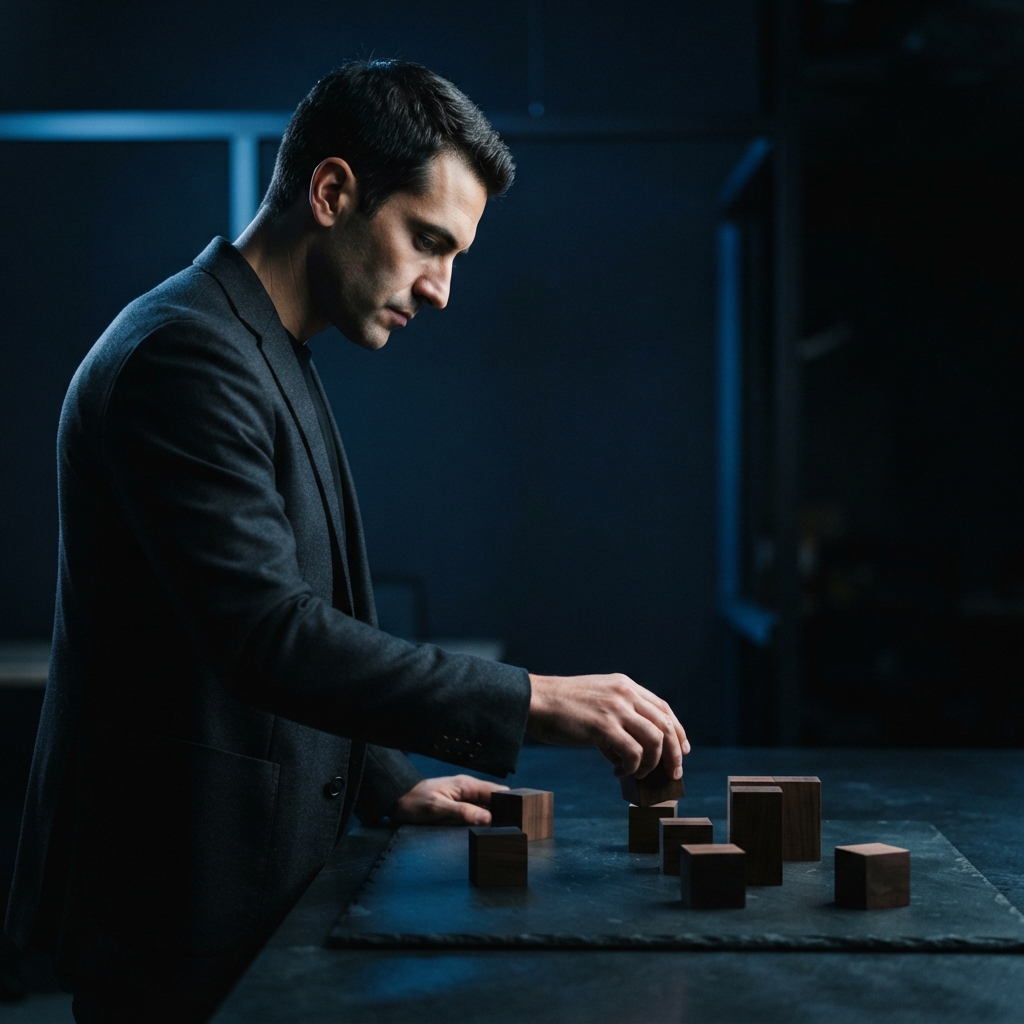 Founder strategically arranging building blocks on a dark surface