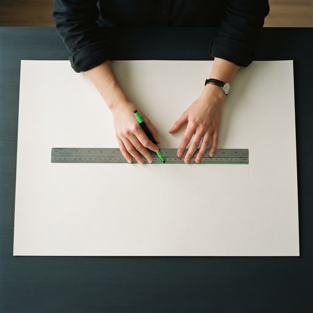 Hands using a straightedge to mark a blank sheet of paper