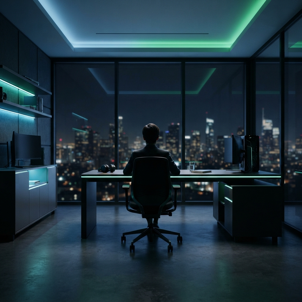 Founder working in a sleek and minimal dark office