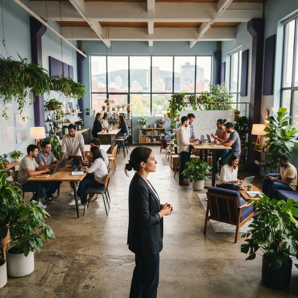 Bright startup office interior with a team working