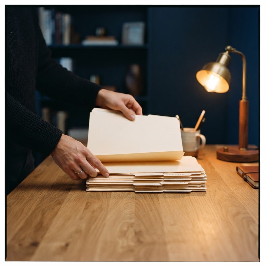 Organizing physical paperwork on a clean desk