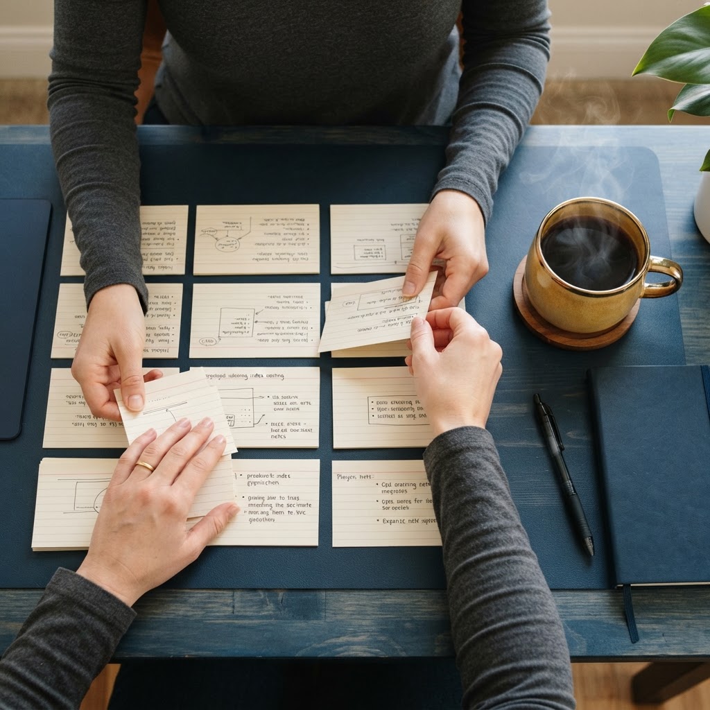 Organizing cards on a desk to simplify decision making