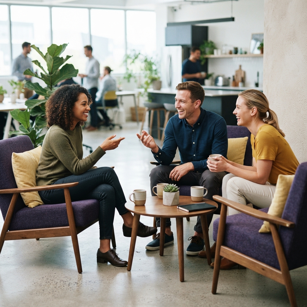 Small diverse team talking together in a modern startup space