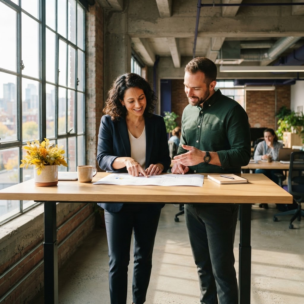 Two colleagues collaborating in a bright modern office
