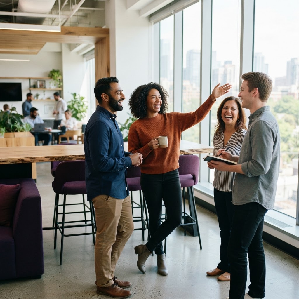 A small diverse team laughing together in a modern office