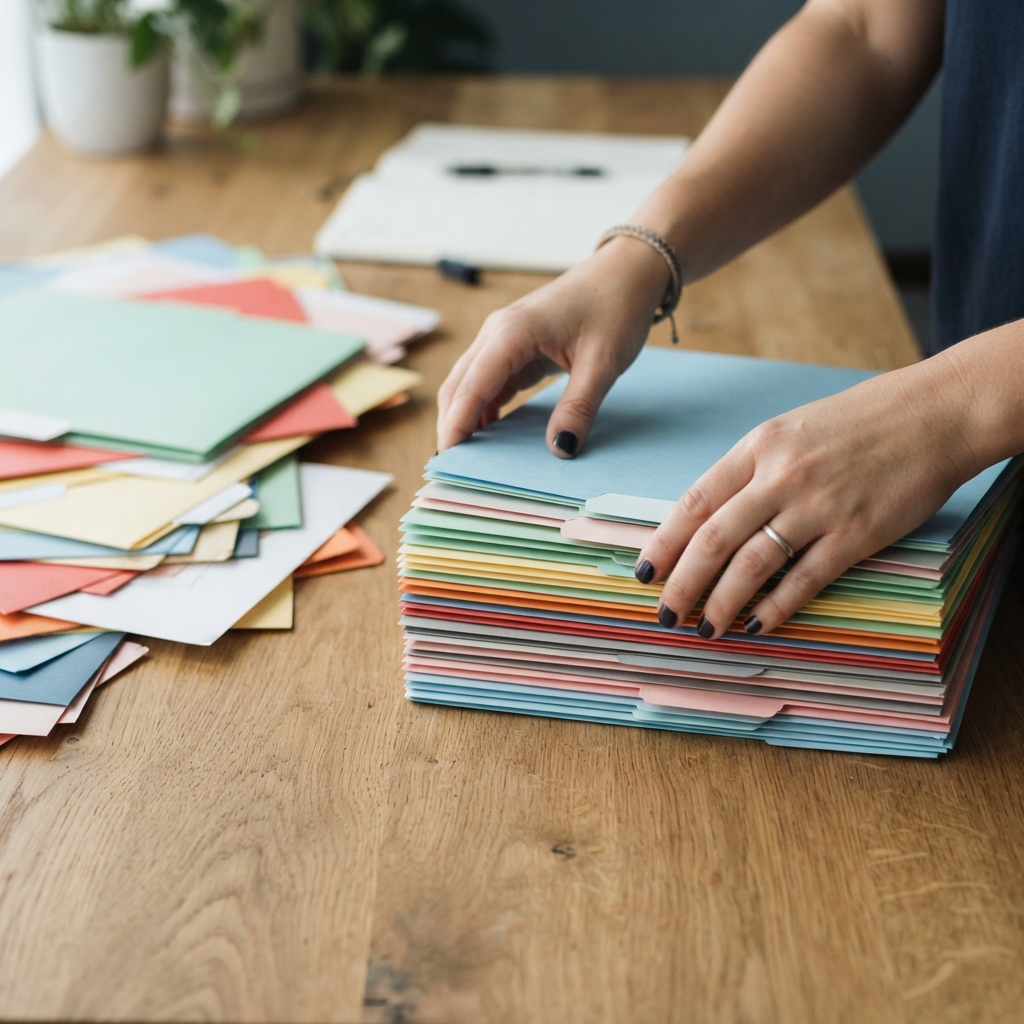 Hands organizing files on a desk representing order and clarity