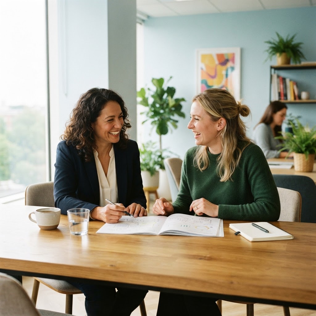 Two colleagues collaborating over documents in a bright office