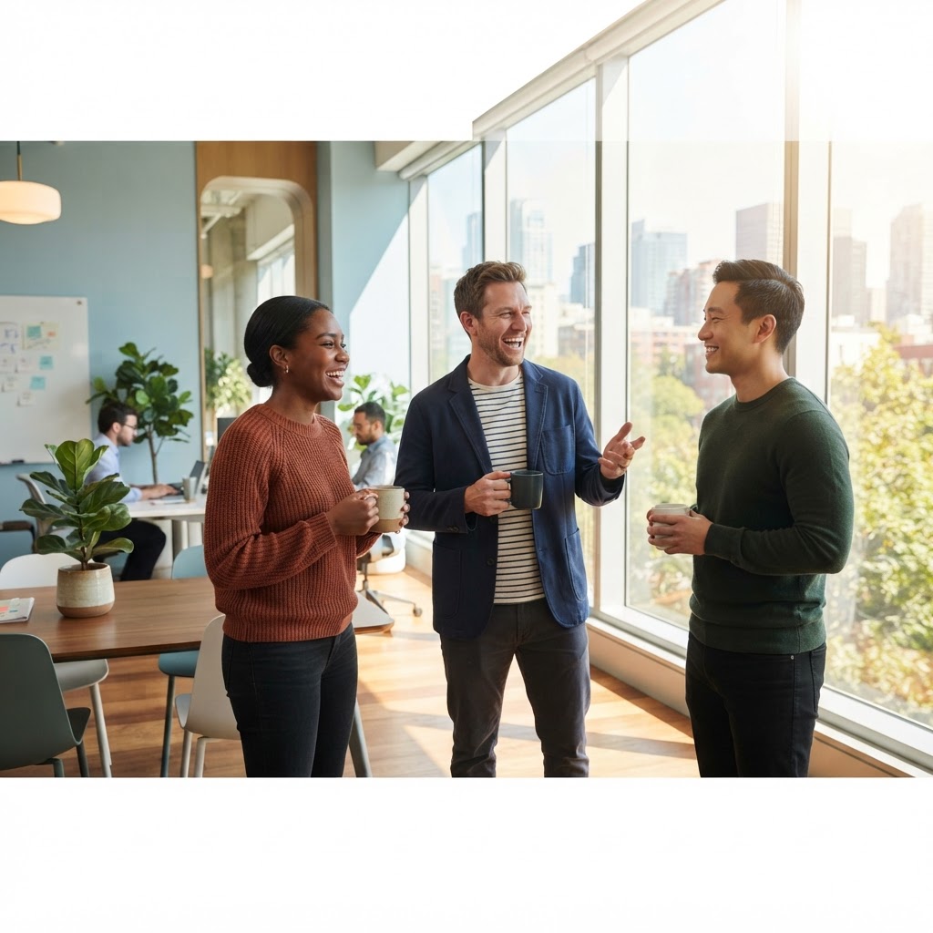 A happy team interacting in a sunlit modern office