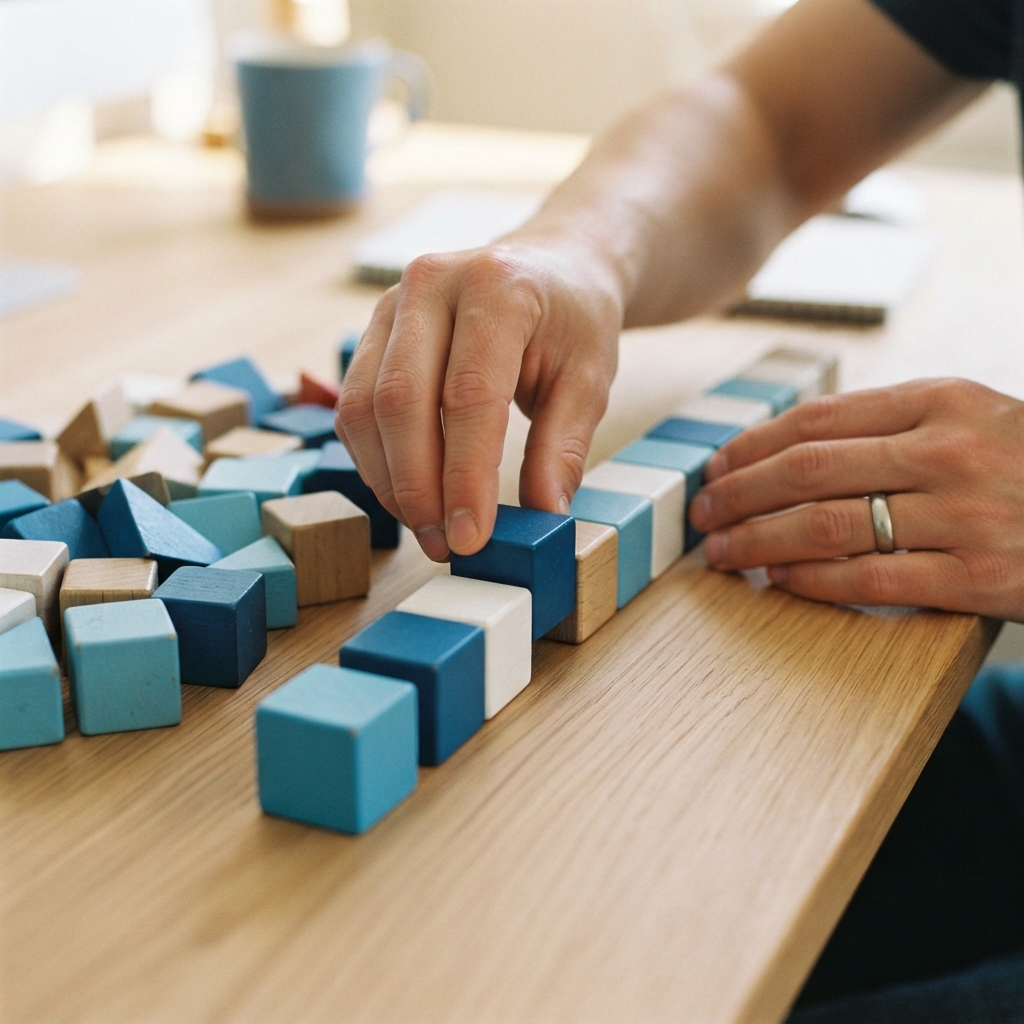 Hands organizing wooden blocks to symbolize structure and clarity