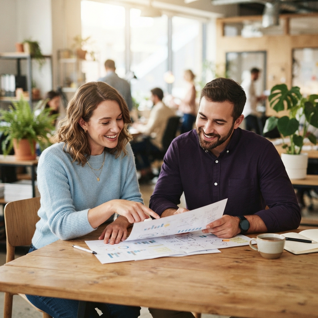 Two colleagues collaborating on a project in a bright office