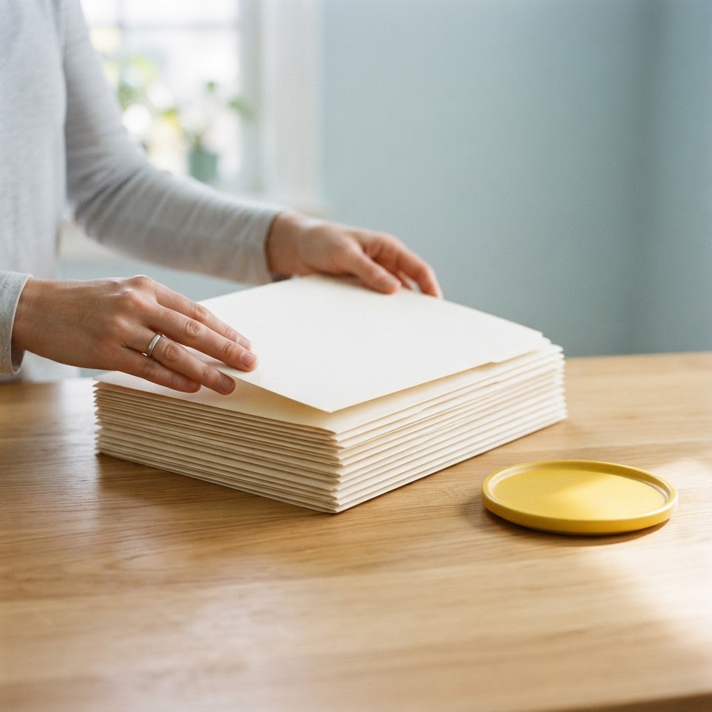 Hands organizing clean folders on a wooden desk