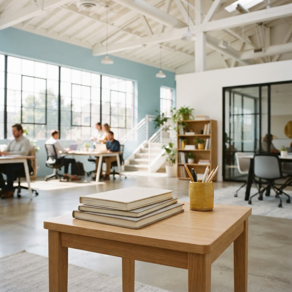 Modern sunlit office space with organized notebooks and golden yellow decor