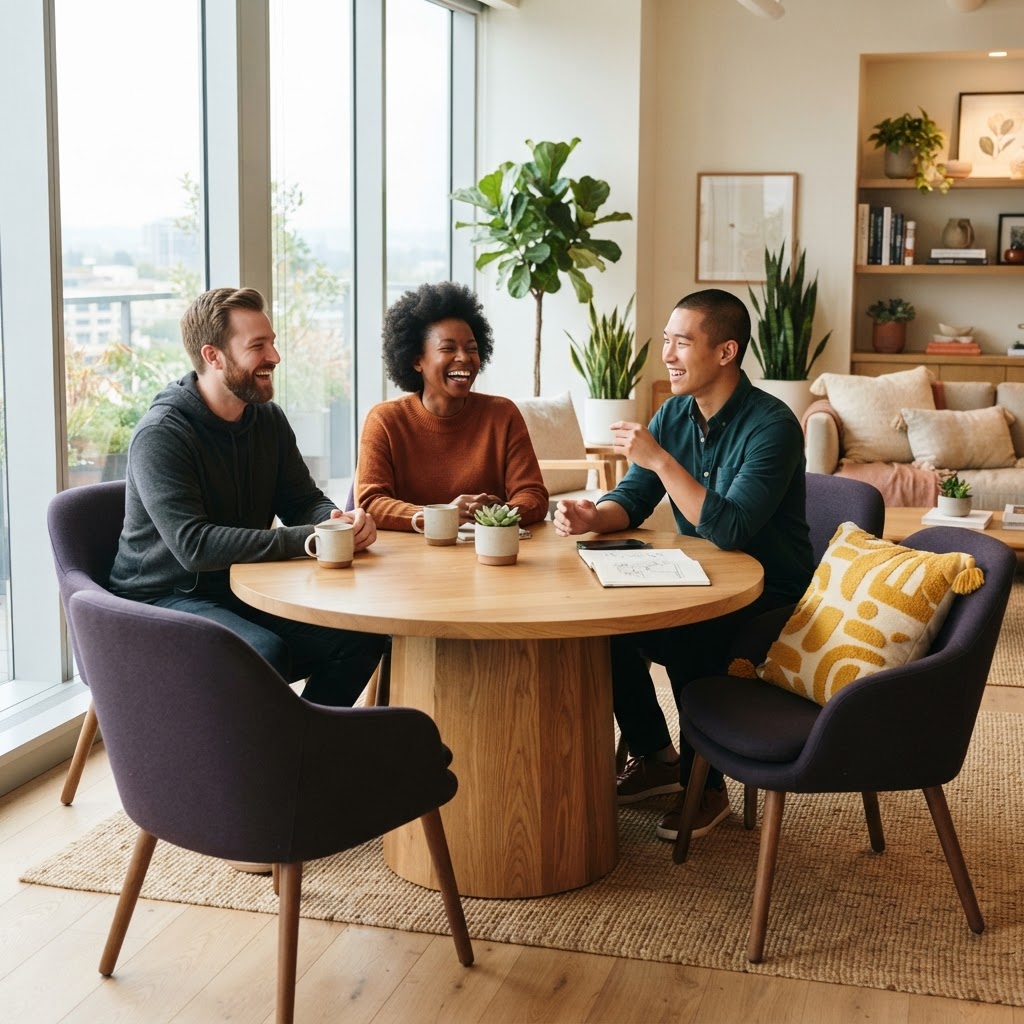 Three coworkers laughing together in a bright office lounge area