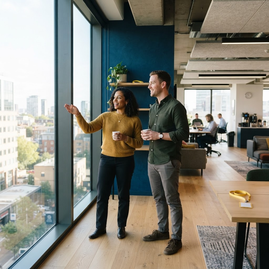 Two colleagues having a friendly conversation in a modern office