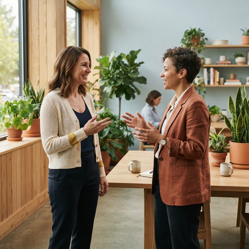 Founder and operations lead talking in a modern workspace