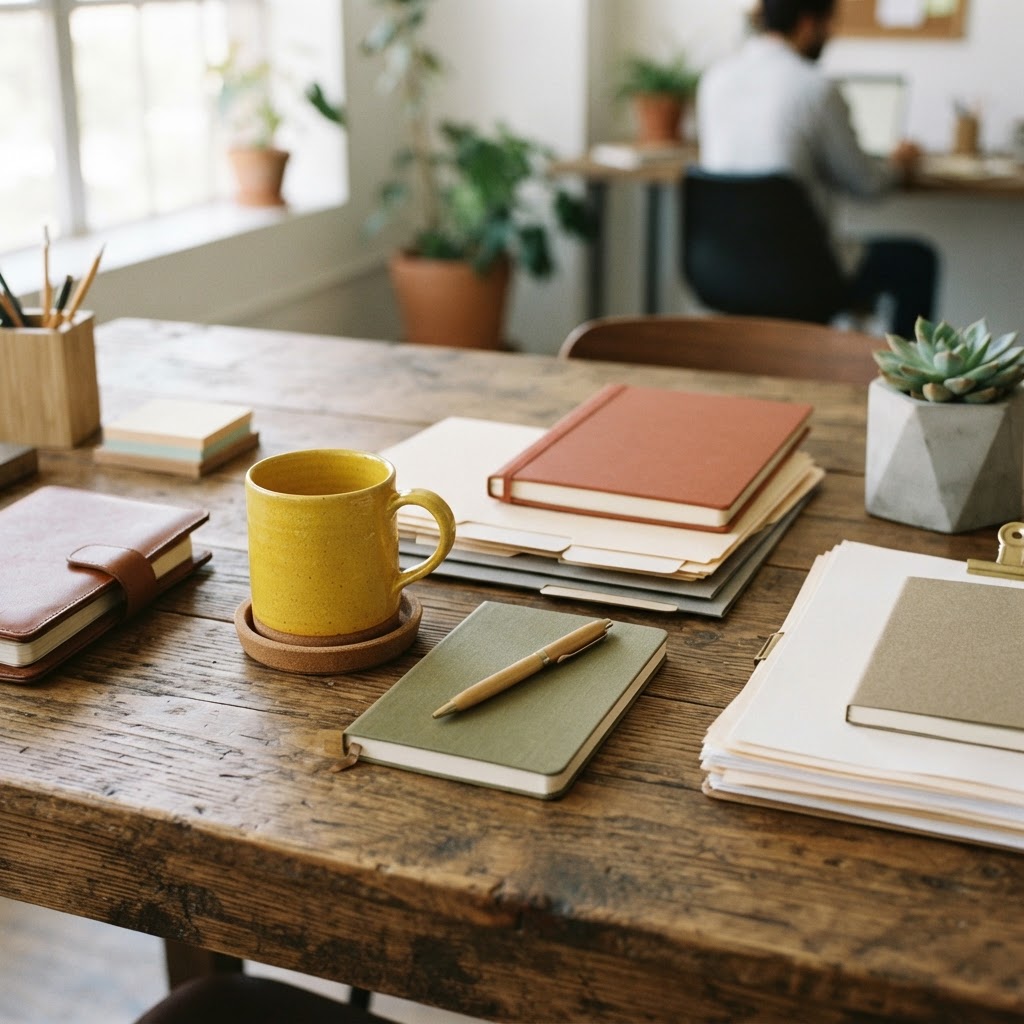 Organized workspace with paper files and a yellow mug