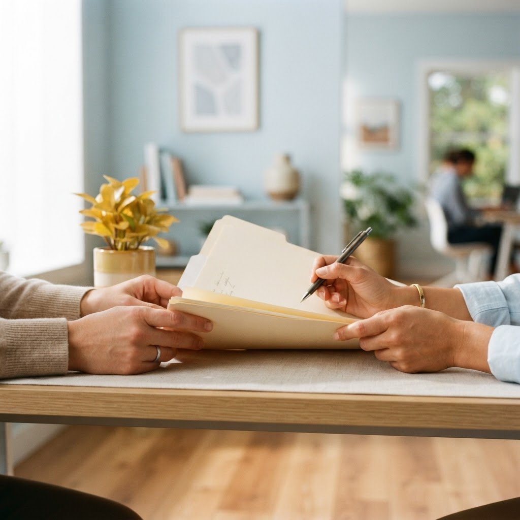 Two people working together in a bright organized office
