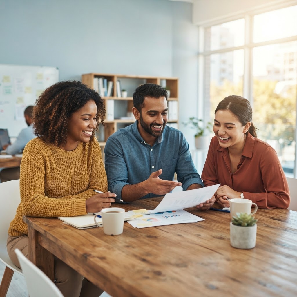 Diverse team collaborating in a bright sunlit office
