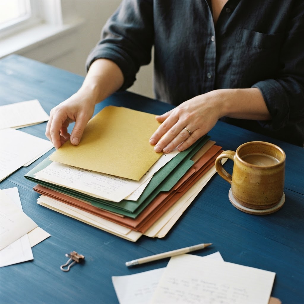 Hands organizing physical folders on a clean desk