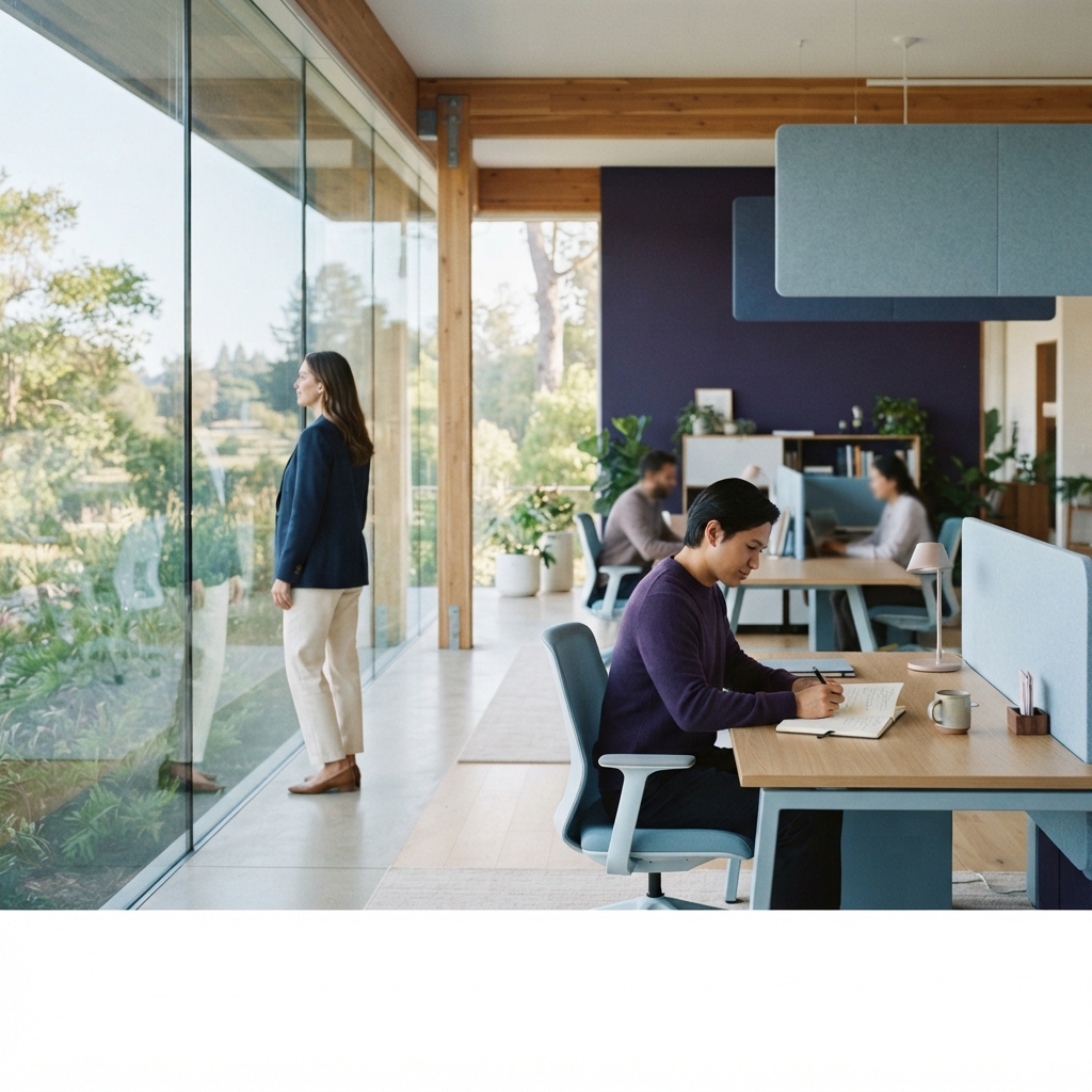 Sunlit modern office space with team members working