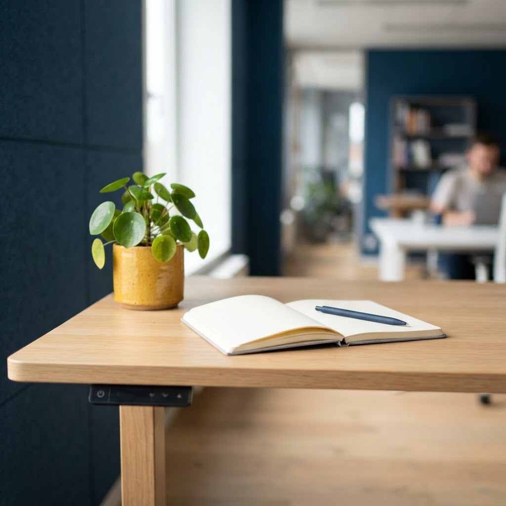 A clean and organized minimalist standing desk workspace