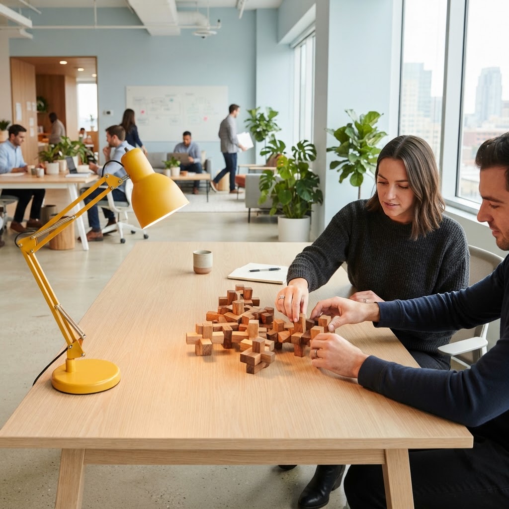 A person organizing modular wooden puzzle pieces on a modern desk