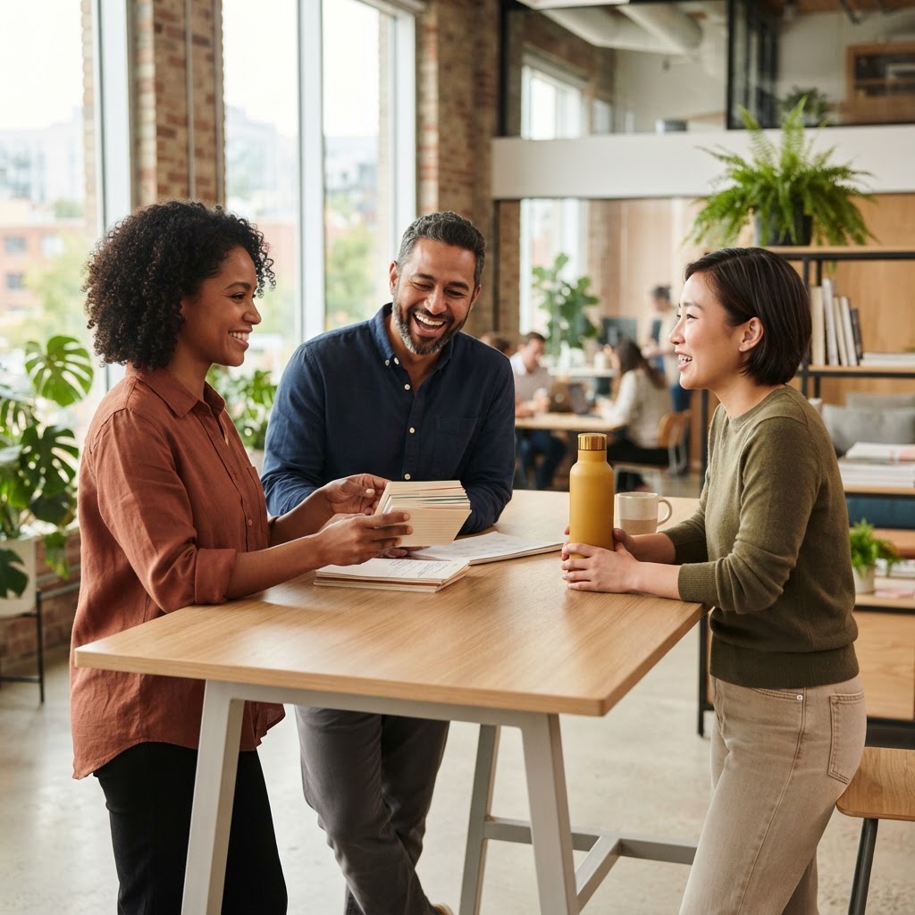 A team collaborating in a bright modern office