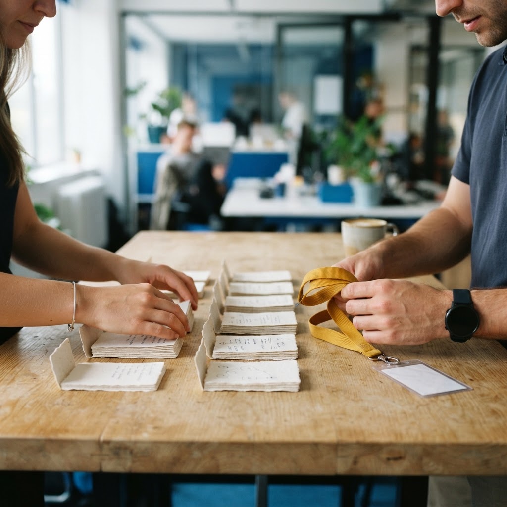 Colleagues organizing paper cards on a modern desk