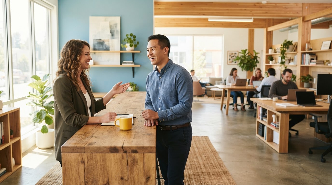 Founder and operations lead talking in a modern bright office