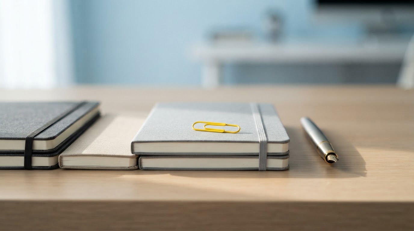 Minimalist desk with organized notebooks and a yellow paperclip