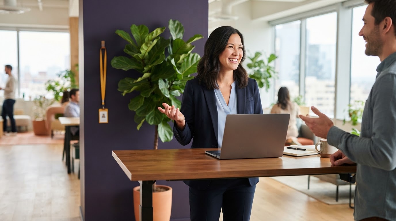Operations lead smiling at a standing desk in a bright office