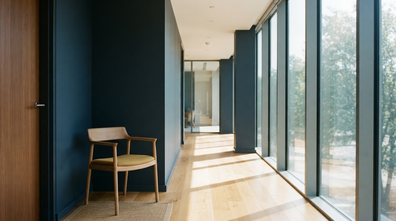 Sunlit office corridor with a yellow accent chair