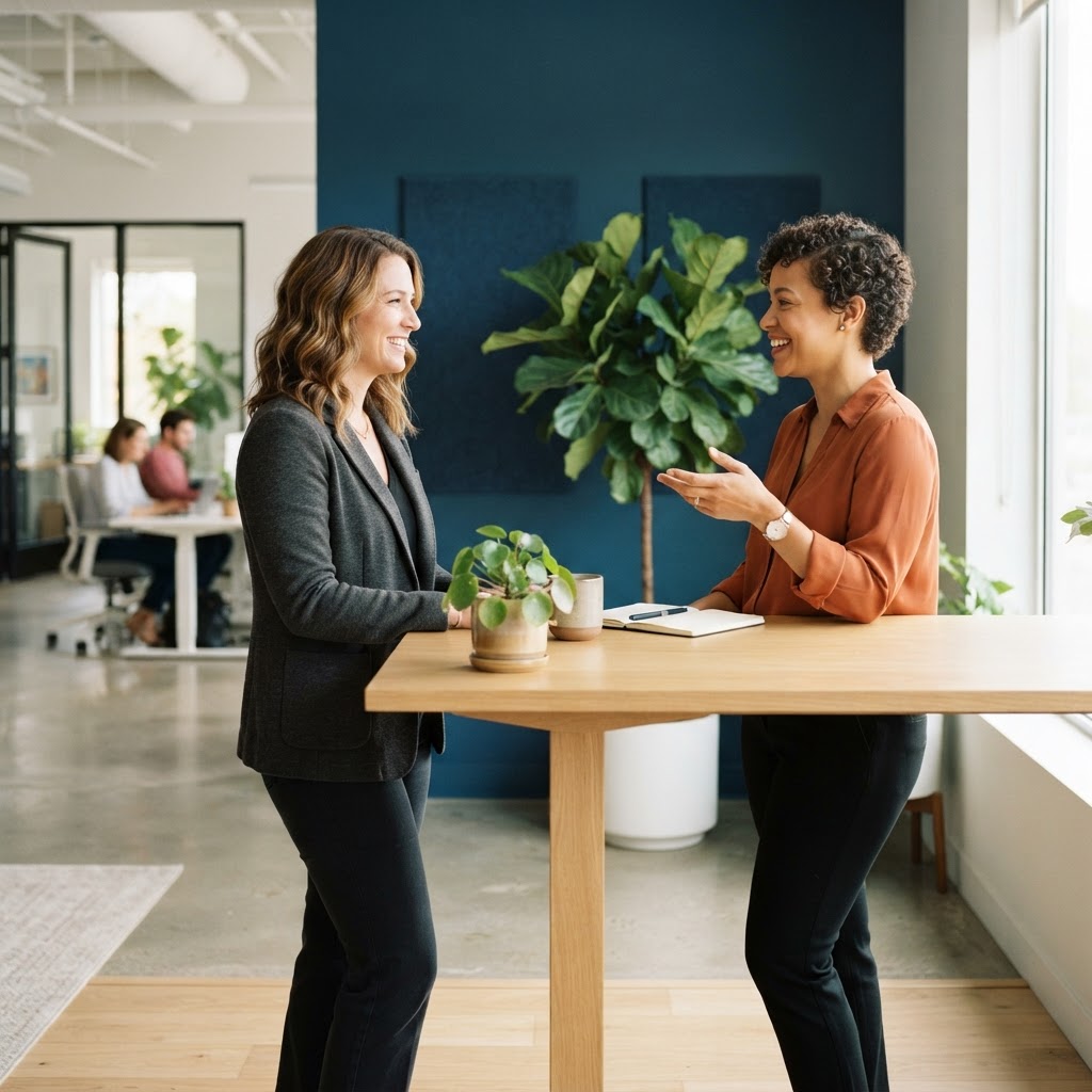 Founder and operations lead having a relaxed conversation in a modern sunlit office