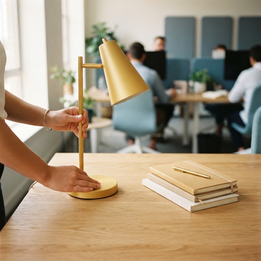 Hands organizing journals and a golden desk lamp on a wooden desk