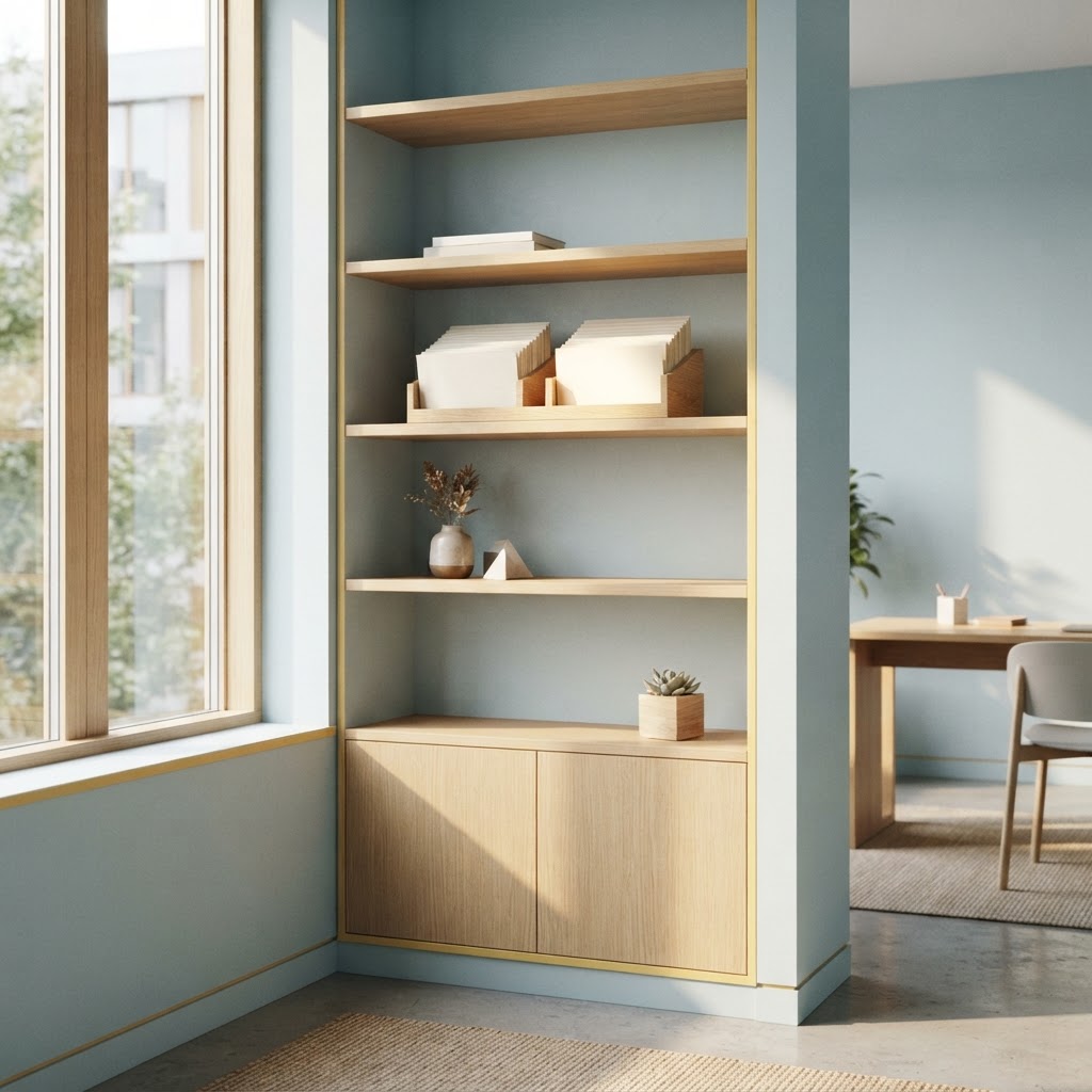 Neatly arranged index cards on a modern office shelf in a bright workspace